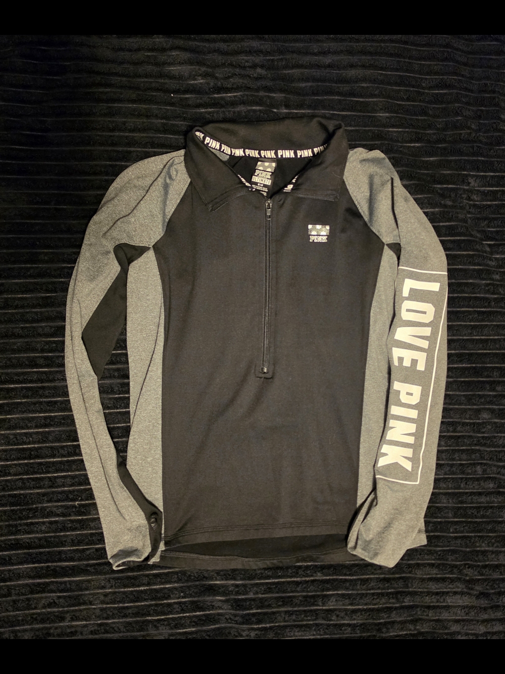 PINK Black Zip-Up Pullover with White Logo Trim